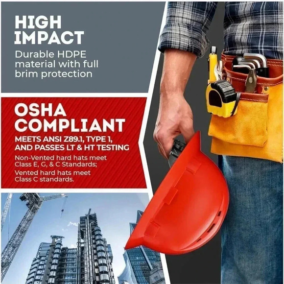 ACERPAL Full Brim Vented Red Finish Construction Hard Hat Work OSHA Approved - Picture 9 of 12